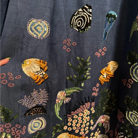 La Fuori Embroidered and Beaded Blue Long Coat - Picture 6 of 7